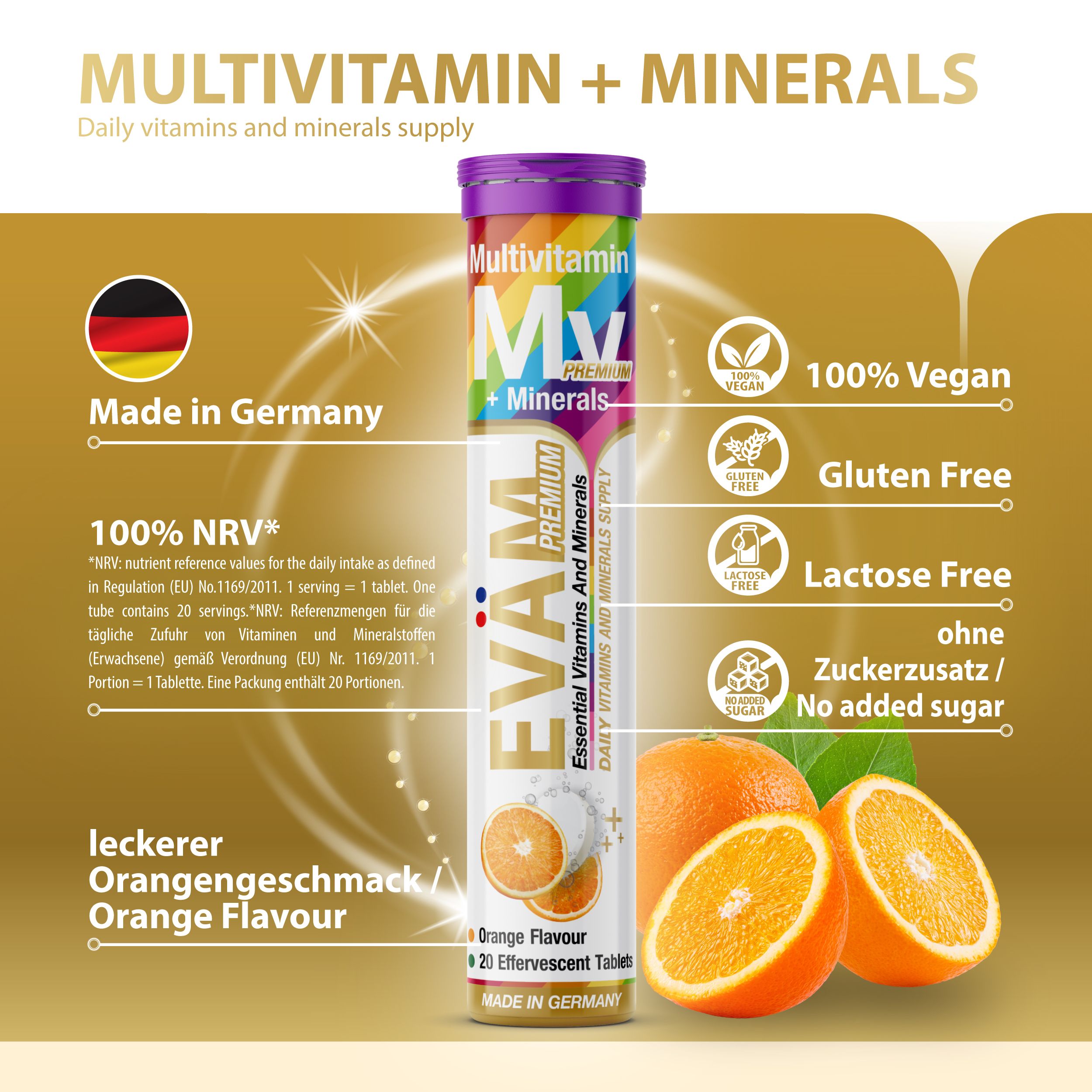 Tube EVÄM 10 Vitaminen + 5 Mineralien. Aufschrift: Multivitamin + Mineralien, EVÄM Premium, 20 Brausetabletten, Orangen-Geschmack. Vegan, glutenfrei, laktosefrei, ohne Zuckerzusatz.