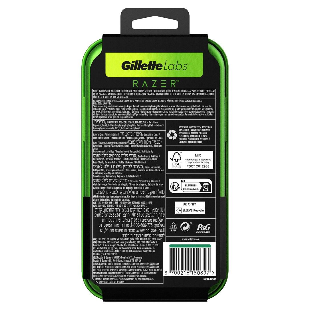 Rückseite der Verpackung mit Text, Logos von Gillette Labs, Razer und Recycling-Symbolen.