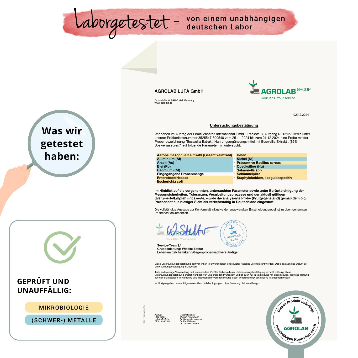 Laborbericht mit Testergebnissen. Logo: AGROLAB GROUP. Zertifizierung: Geprüft und unauffällig: Mikrobiologie (Schwer-)Metalle.