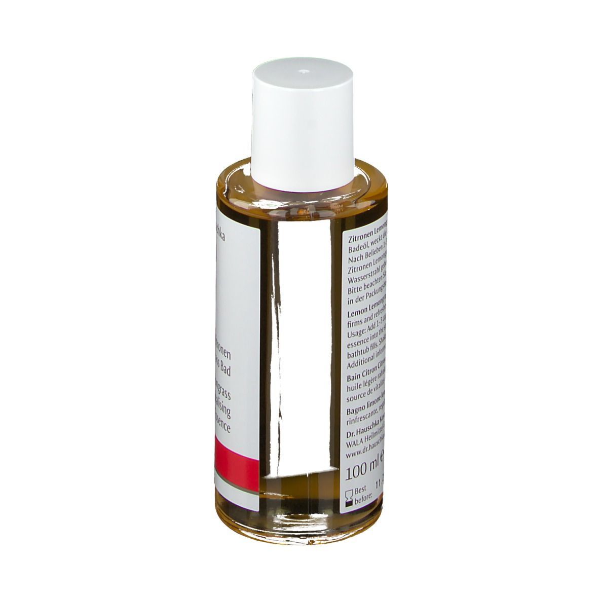 Klarflüssige Flasche mit weißem Deckel. Etikett mit Produktinformationen und rotem Streifen. 100 ml.