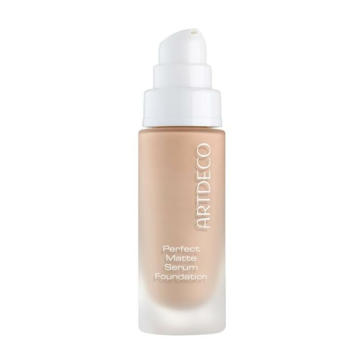 Beige Foundation-Flakon mit weißem Pumpverschluss. Aufschrift: ARTDECO, Perfect Matte Serum Foundation.