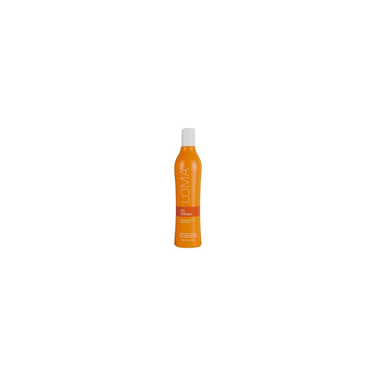 Orangefarbene Shampoo-Flasche mit weißem Deckel. Aufschrift: LOMA Hair. Produkt steht auf weißem Hintergrund.