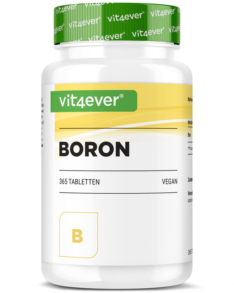 Vit4ever Boron-Behälter mit grünem Deckel. Aufschrift: Boron, 365 Tabletten, Vegan. Weißer Behälter mit gelbem Streifen.