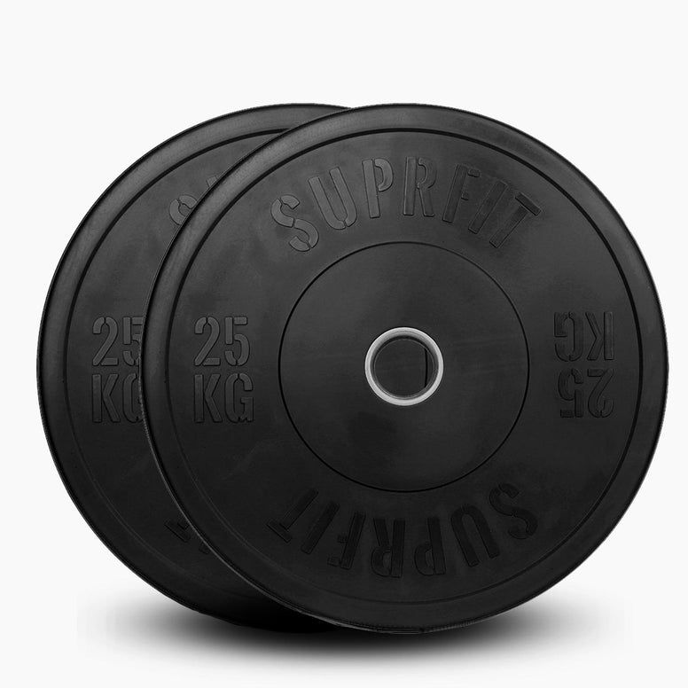 Zwei schwarze Suprfit Econ Bumper Plates. Aufschrift: 25 KG. Runde Form mit Metallkern.