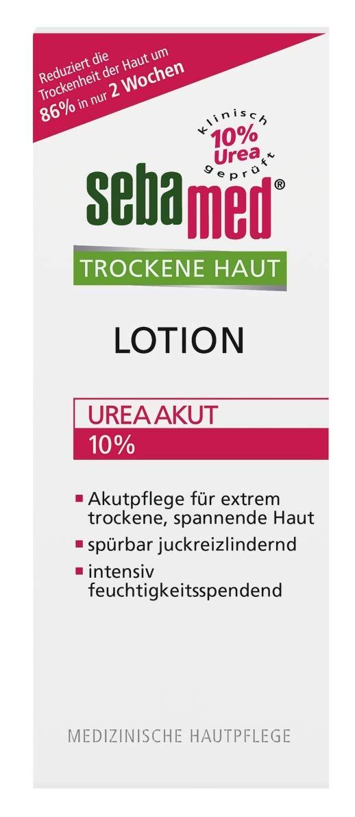 Sebamed Trockene Haut Lotion. Weiße Verpackung mit grünen und roten Akzenten. Text: 10% Urea, Trockene Haut, Lotion, Urea Akut 10%.