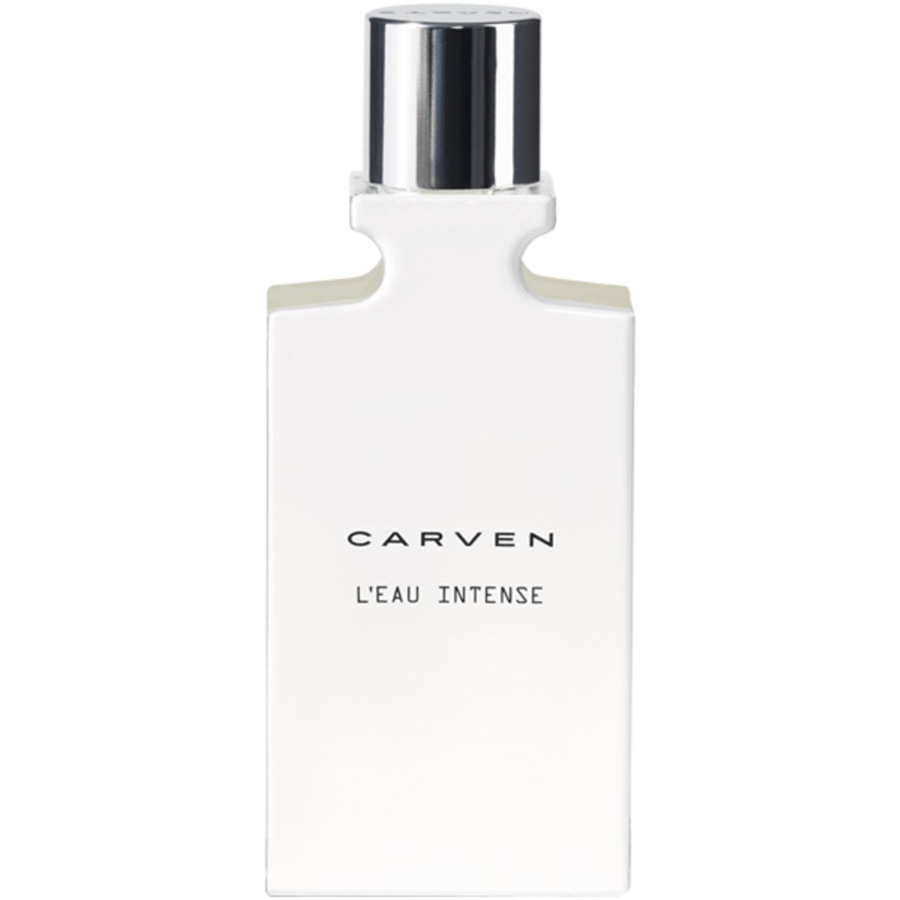 Weißer Flakon mit silbernem Verschluss. Aufschrift: CARVEN L'EAU INTENSE.