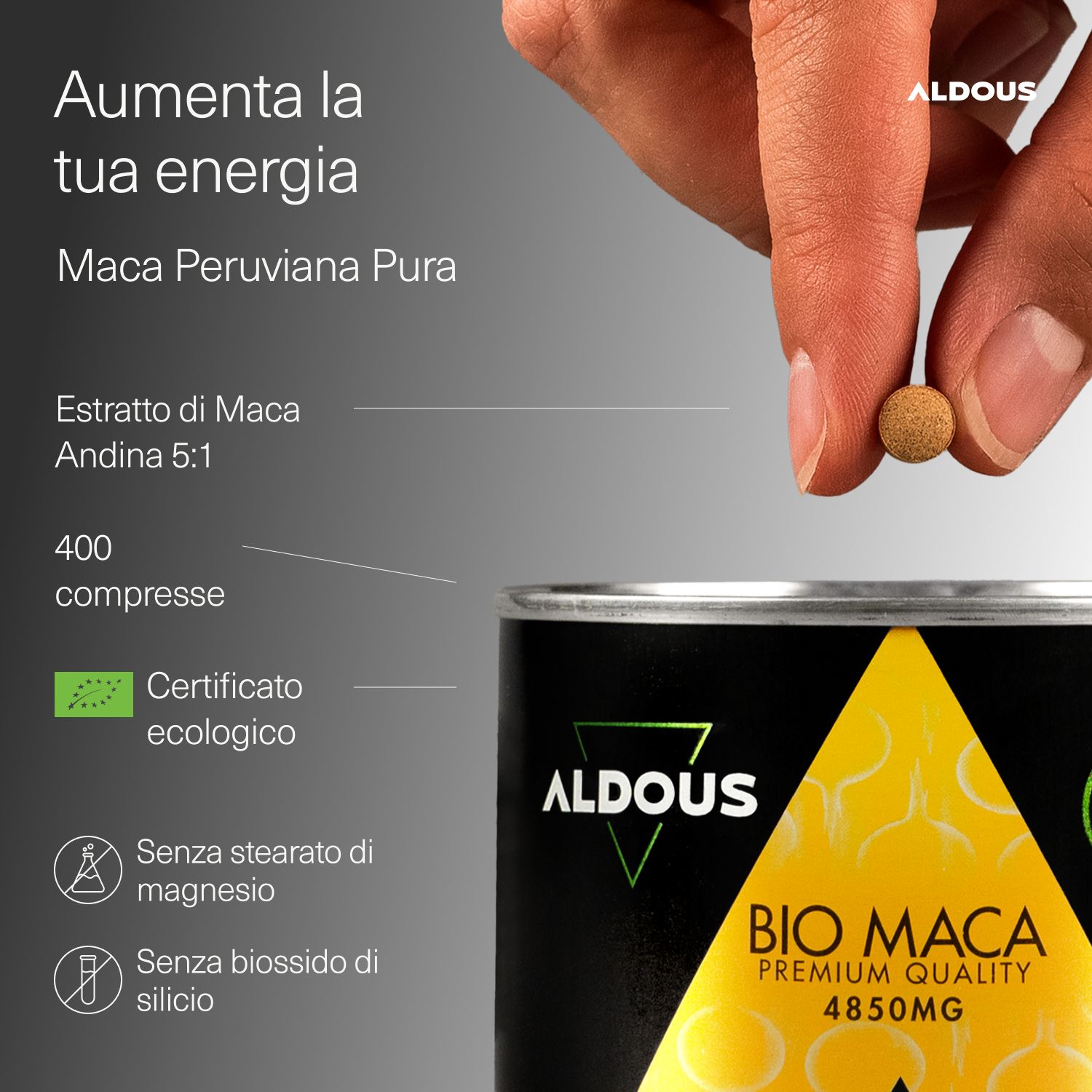 Aldous Bio Maca: 400 Tabletten, Bio-zertifiziert, ohne Magnesiumstearat.