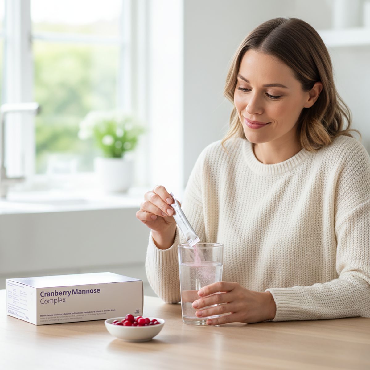 Frau gießt Pulver aus einem Beutel in ein Glas Wasser. Auf dem Tisch: Schachtel mit Text: Cranberry Mannose Complex.