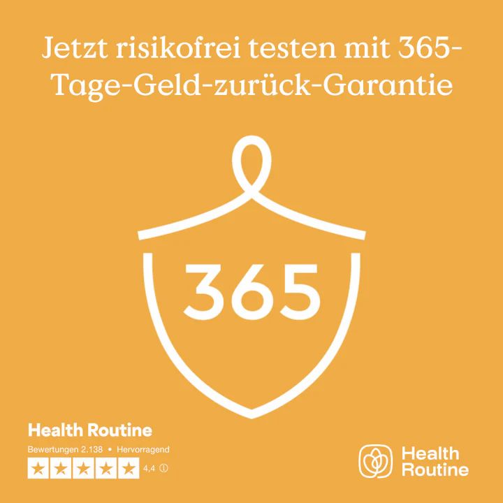 Gelber Hintergrund mit weißem Schild und Zahl 365. Text: 365-Tage-Geld-zurück-Garantie. Logo: Health Routine. Sternebewertung.