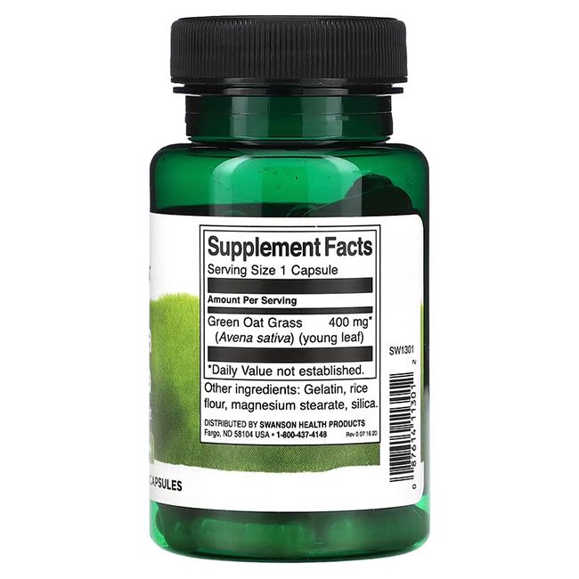 Grüne Flasche mit schwarzem Deckel. Rückseite mit Nährwertangaben. Enthält: Green Oat Grass, 400 mg, Gelatine, Reis, etc.