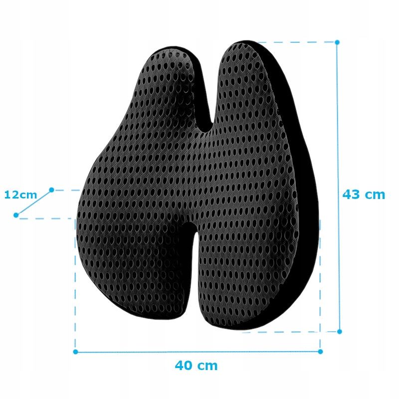 Schwarzes ergonomisches Sitzkissen, 40x43x12 cm, mit perforierter Oberfläche.