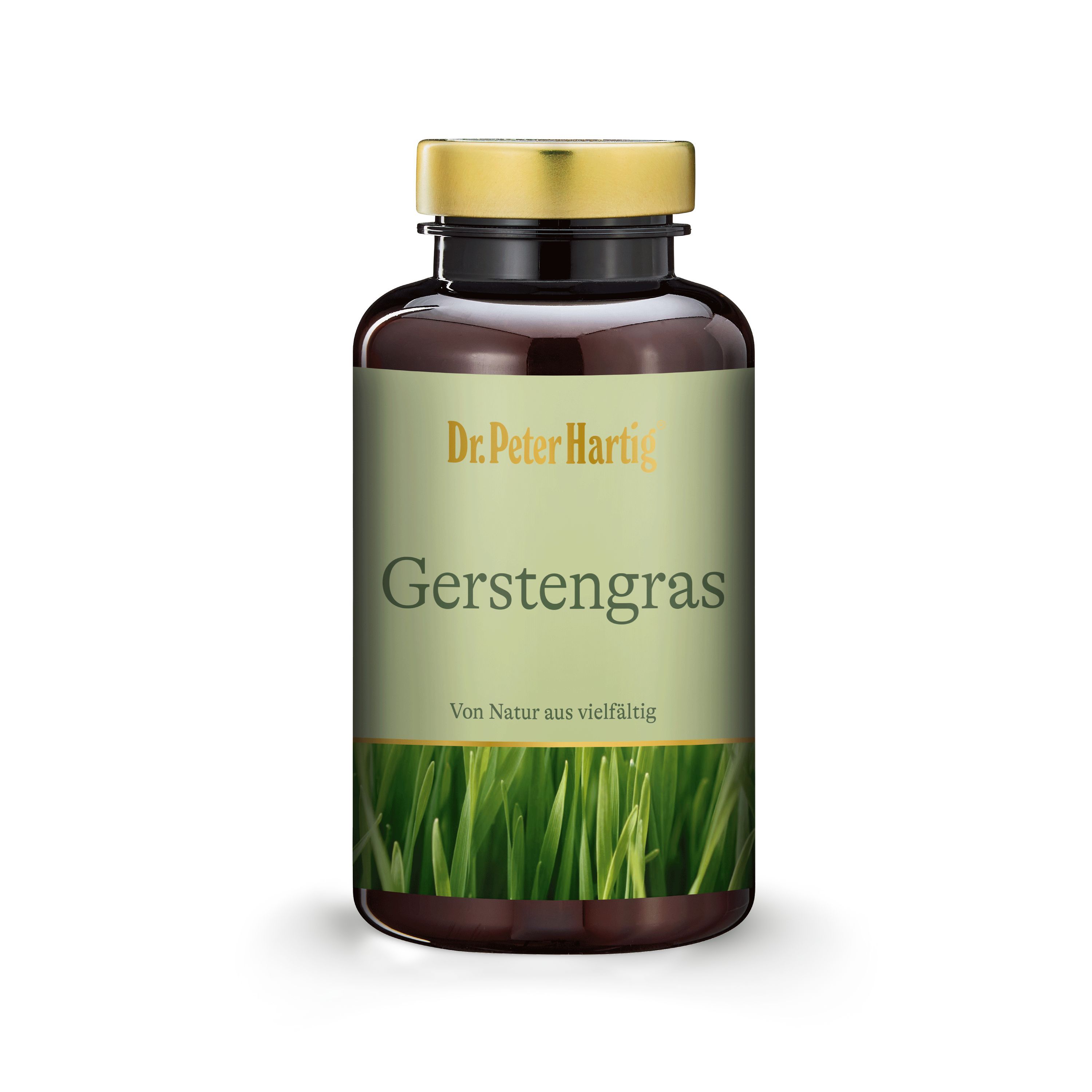 Braune Flasche mit goldfarbenem Deckel. Aufschrift: Gerstengras. Darunter: Von Natur aus vielfältig. Bild von Gerstengras.