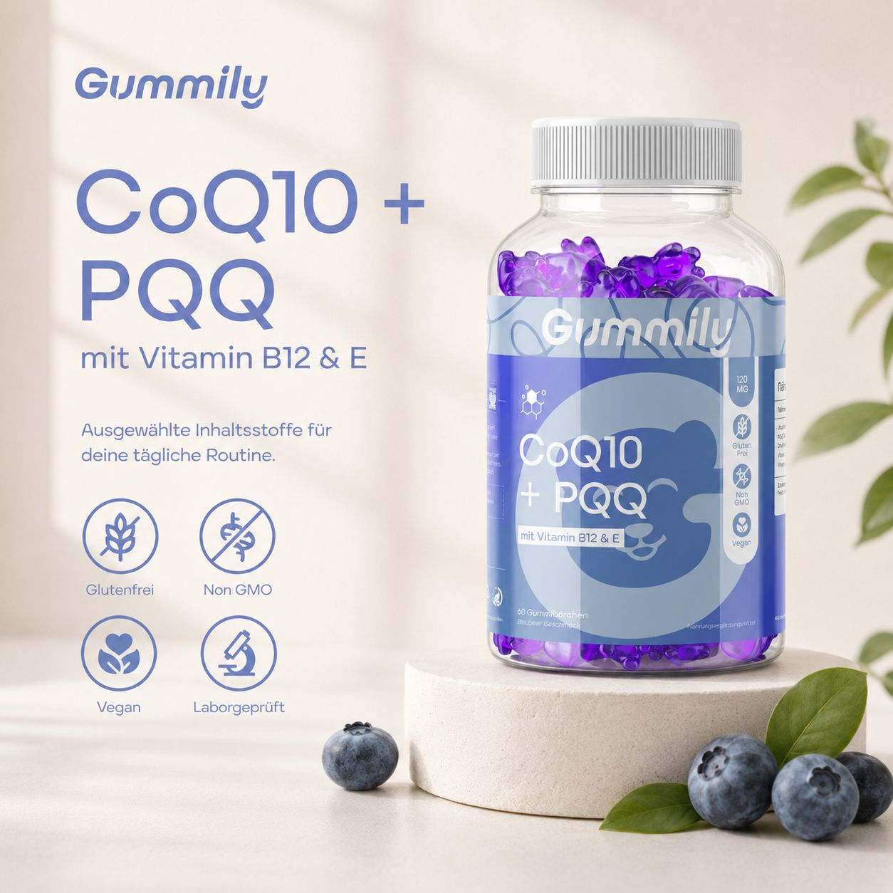 Gummily Coenzym Q10 + PQQ Flasche mit Blaubeeren, umgeben von Icons für Glutenfrei, Non GMO, Vegan.