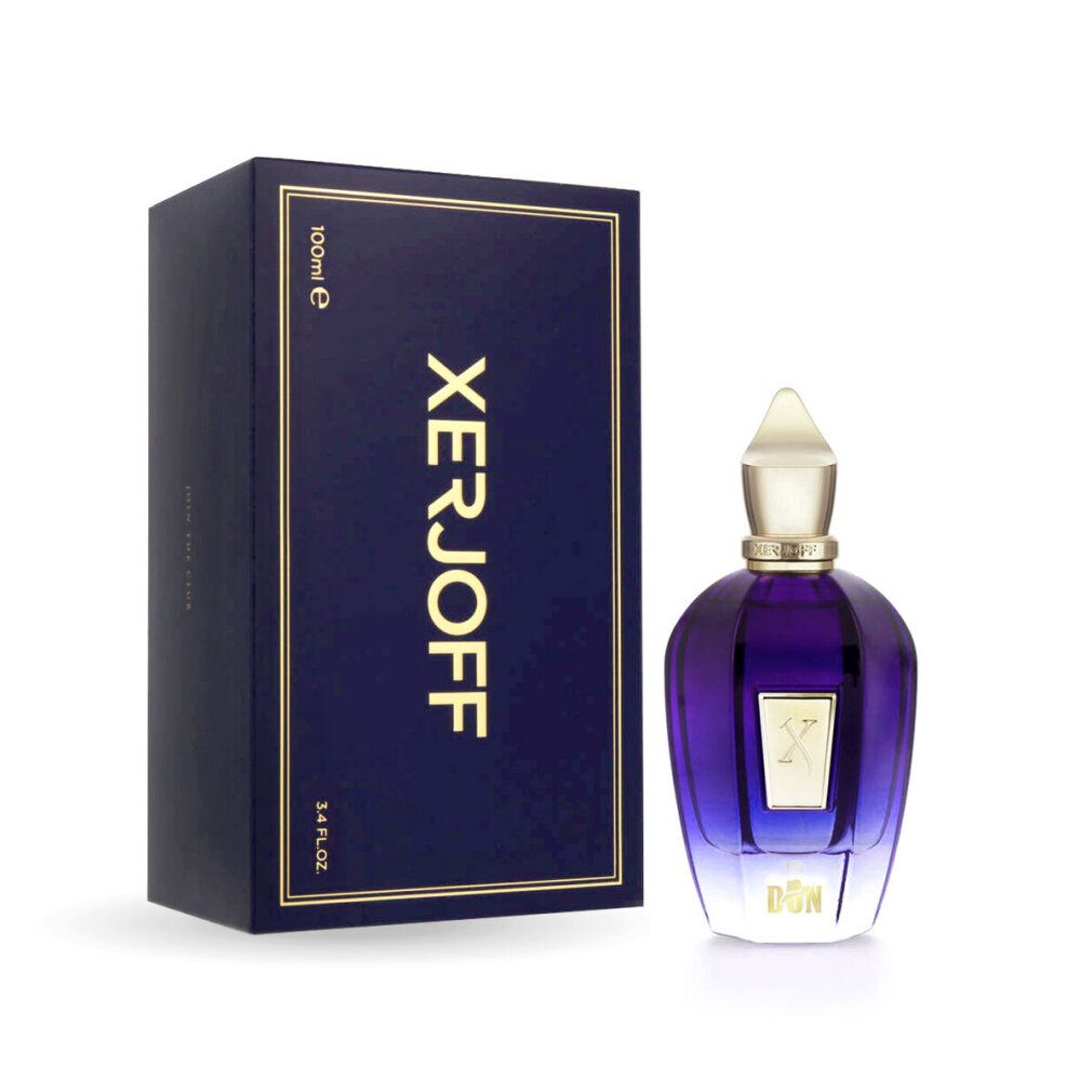 Dunkelblaue Box mit goldfarbenem 'XERJOFF' Schriftzug. Blaue Flasche mit goldfarbenem Verschluss.