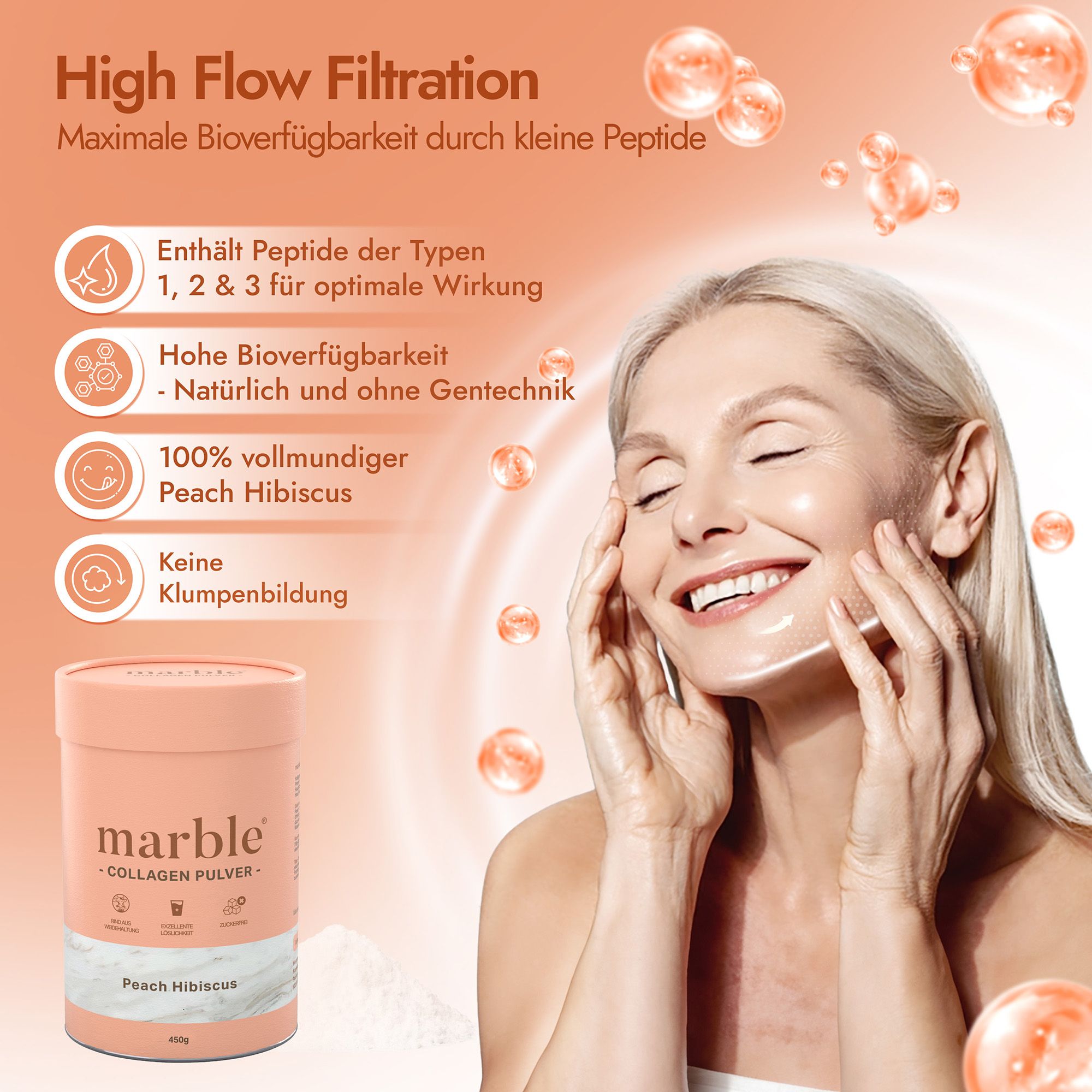 Frau berührt ihr Gesicht. Daneben Dose mit marble Collagen Pulver, Pfirsich Hibiskus. Text: High Flow Filtration.
