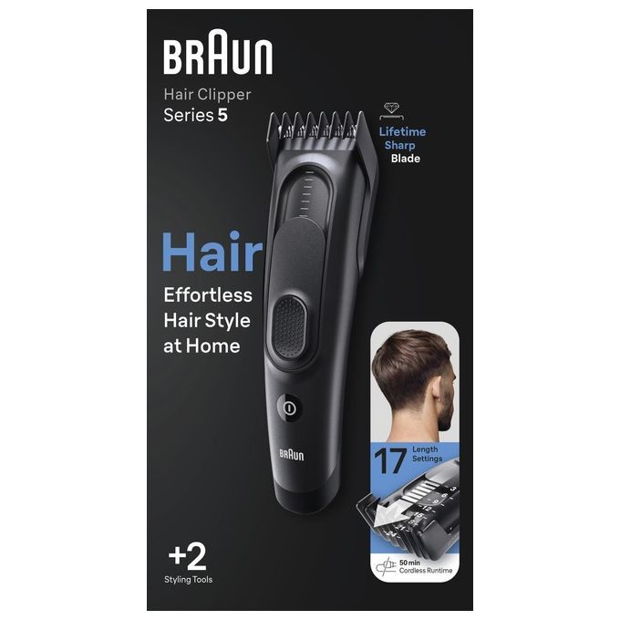 Braun Haarschneider Series 5. Schwarzes Gerät mit Aufsätzen, 17 Längeneinstellungen. Verpackung mit Produktabbildung und Text.
