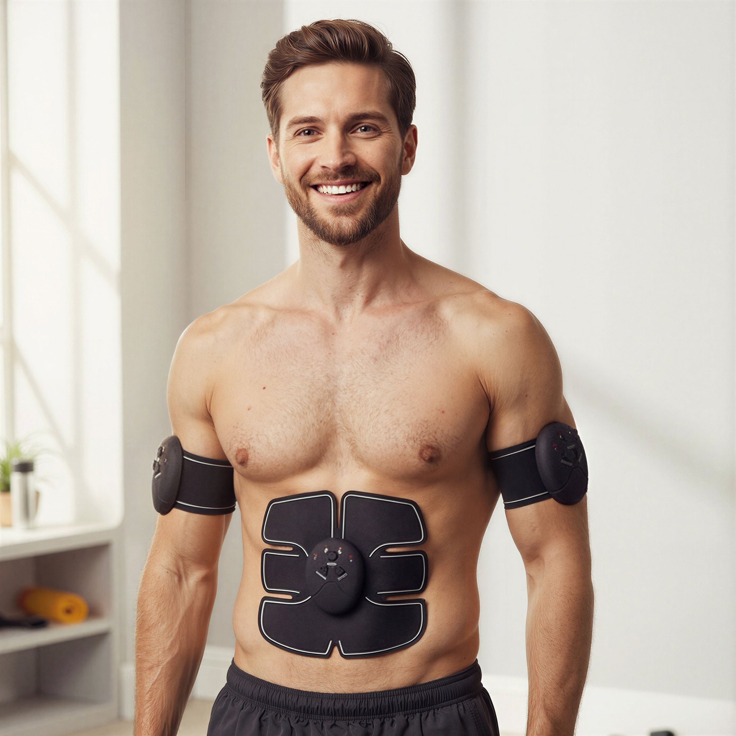 Mann mit Elektrodenpads auf Bauch und Armen. Schwarze Pads mit Bedienelementen. Person trägt schwarze Shorts.