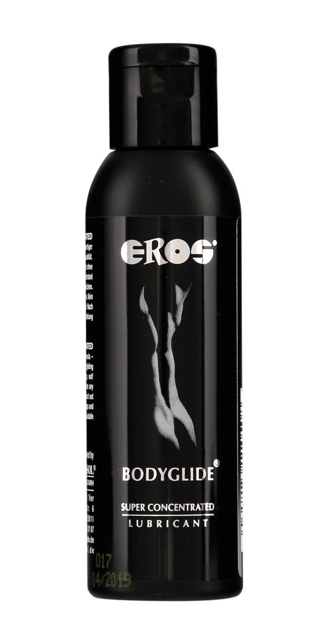 Schwarze Flasche mit schwarzem Deckel. Aufschrift EROS BODYGLIDE. Konzentriertes Gleitmittel. Weiße Grafik einer Frau.