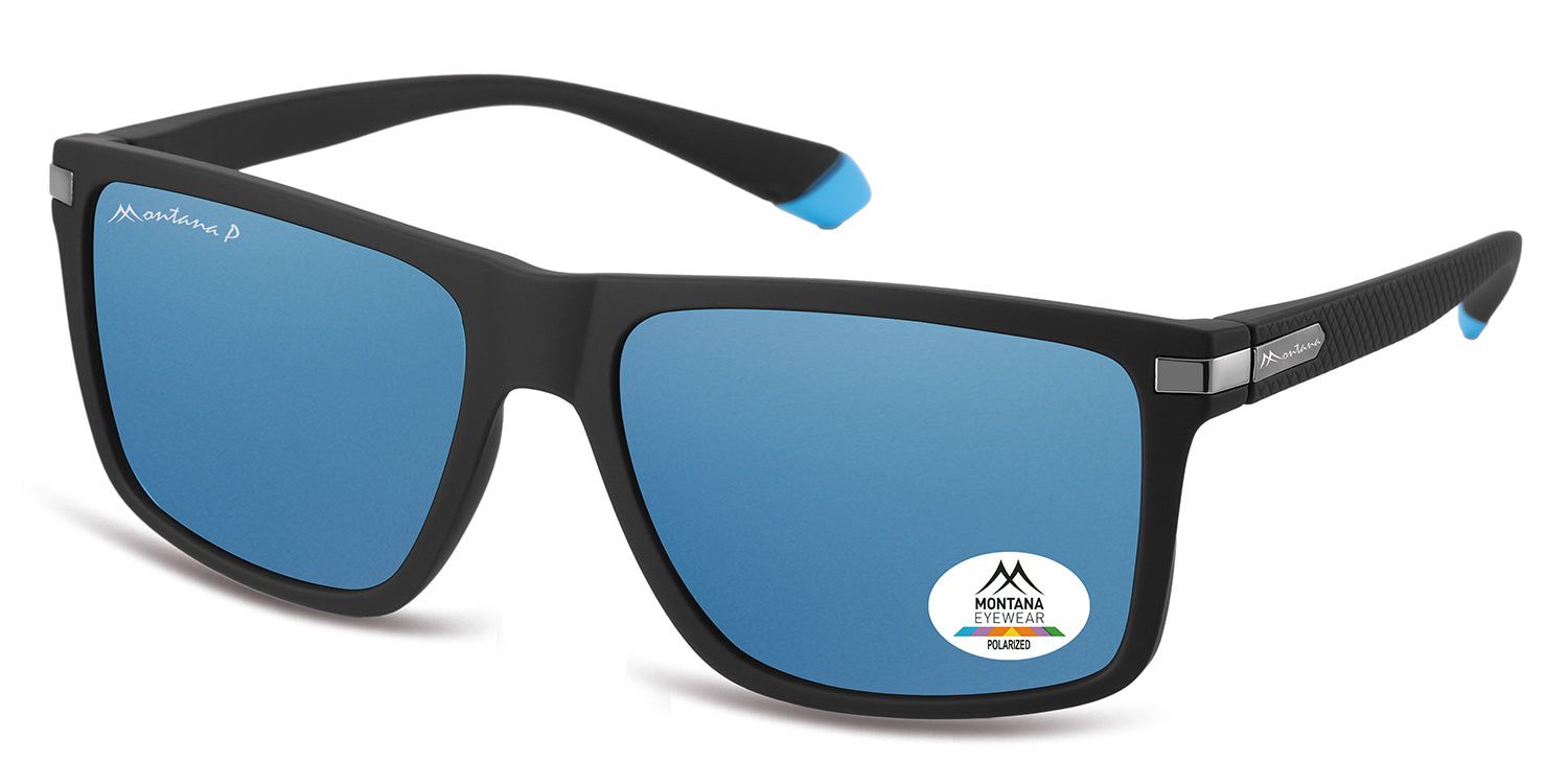 Schwarze Sonnenbrille mit blauen Gläsern. Montana Eyewear Logo und Polarized-Aufkleber. Blaue Akzente an den Bügeln.