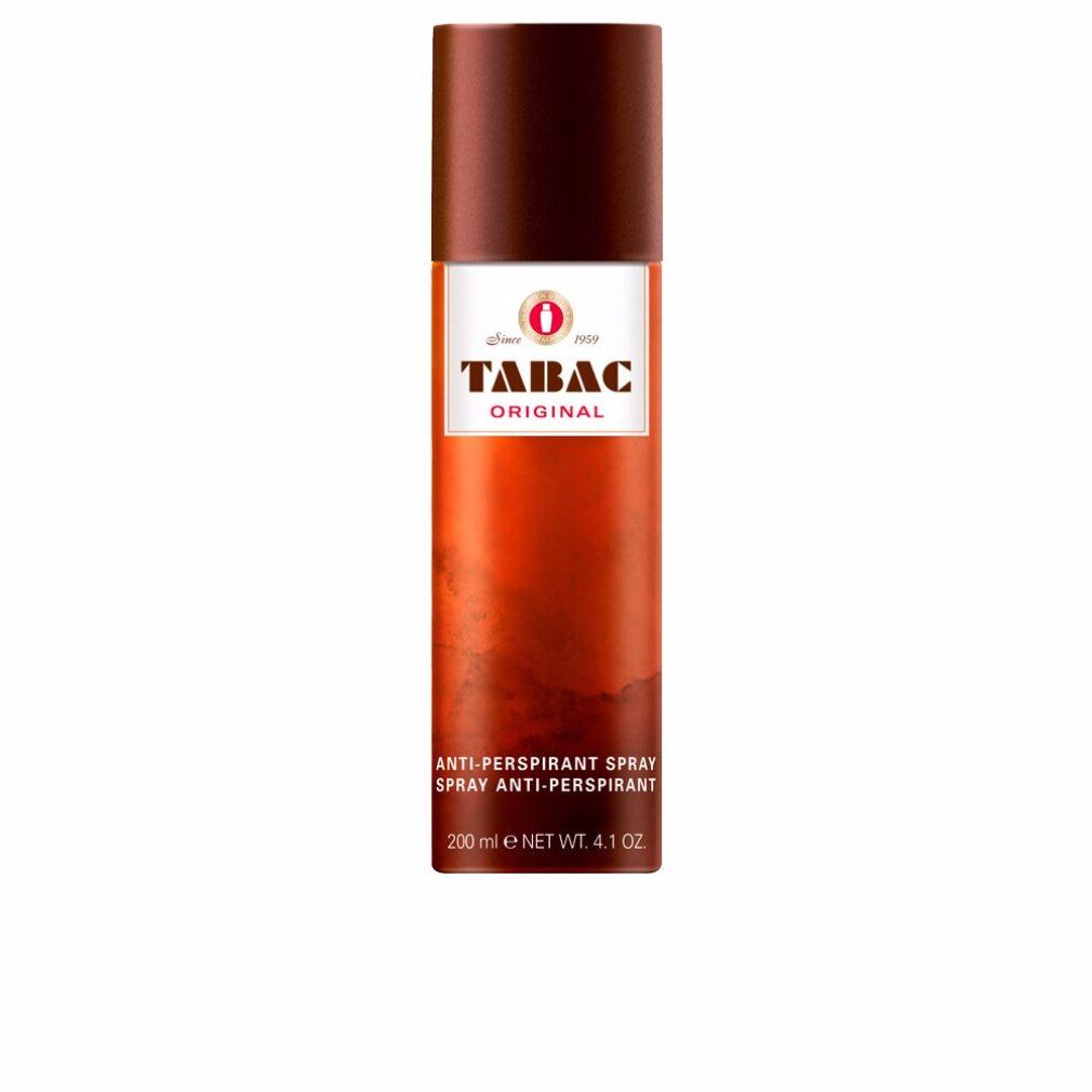 Deodorant-Spray mit braunem Deckel. Tabac Original-Logo und Schriftzug. Aufschrift: Anti-Perspirant Spray, 200 ml.