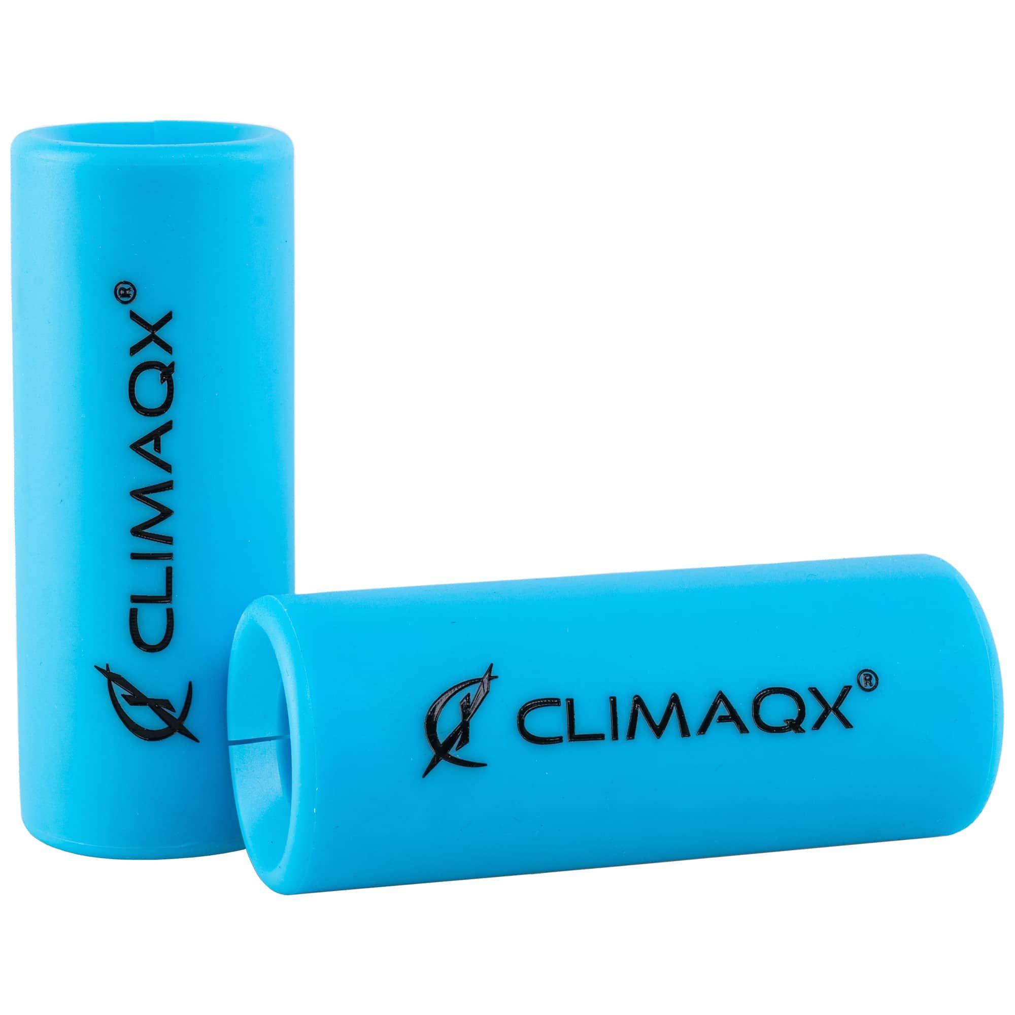Zwei blaue CLIMAQX Arm Blaster. Zylindrische Form mit Logo. Offene Enden.