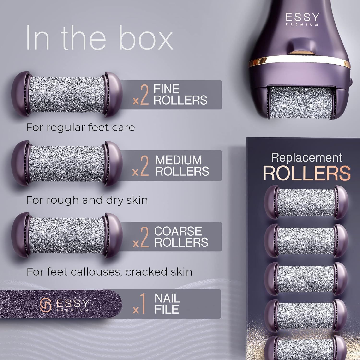 Inhalt der Box: Hornhautentferner, 2 feine, 2 mittlere, 2 grobe Rollen, Nagelfeile.