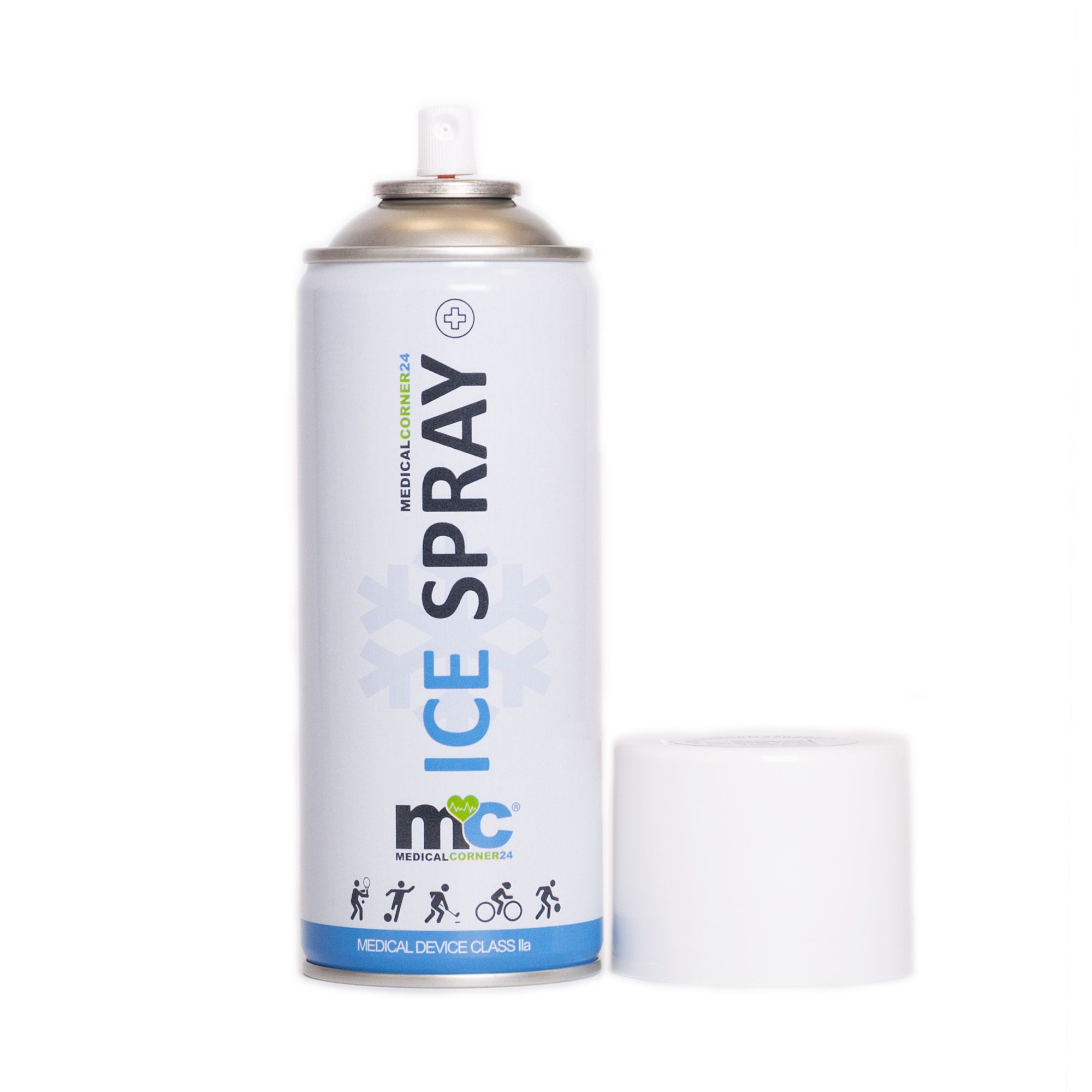 Kältespray-Dose mit abgenommenem weißen Deckel. Aufschrift: ICE SPRAY, MEDICALCORNER24, Piktogramme. Medizinprodukt.