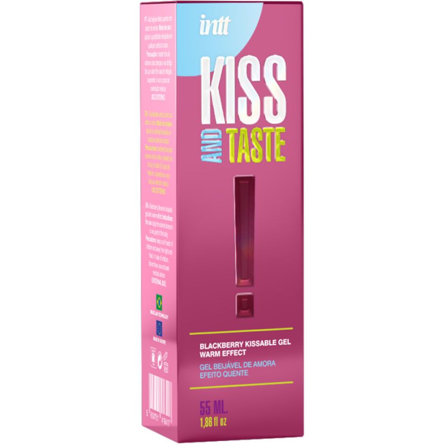 Rosa Verpackung mit Aufschrift: Kiss and Taste. Text: Blackberry Kissable Gel Warm Effect. 55 ml.