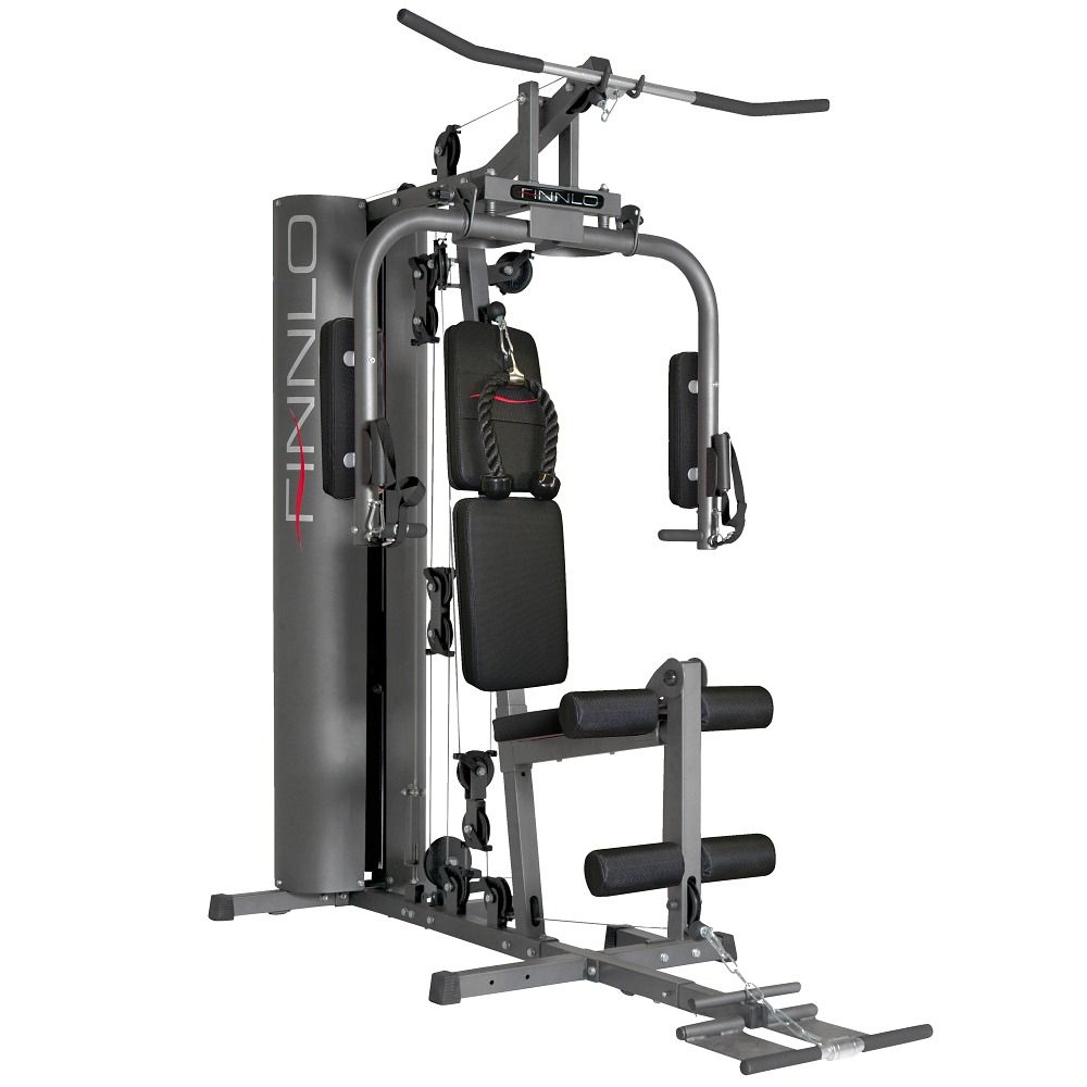 Graue Kraftstation mit FINNLO-Logo. Schwarze Polsterung. Seilzüge, Griffe und verschiedene Elemente.