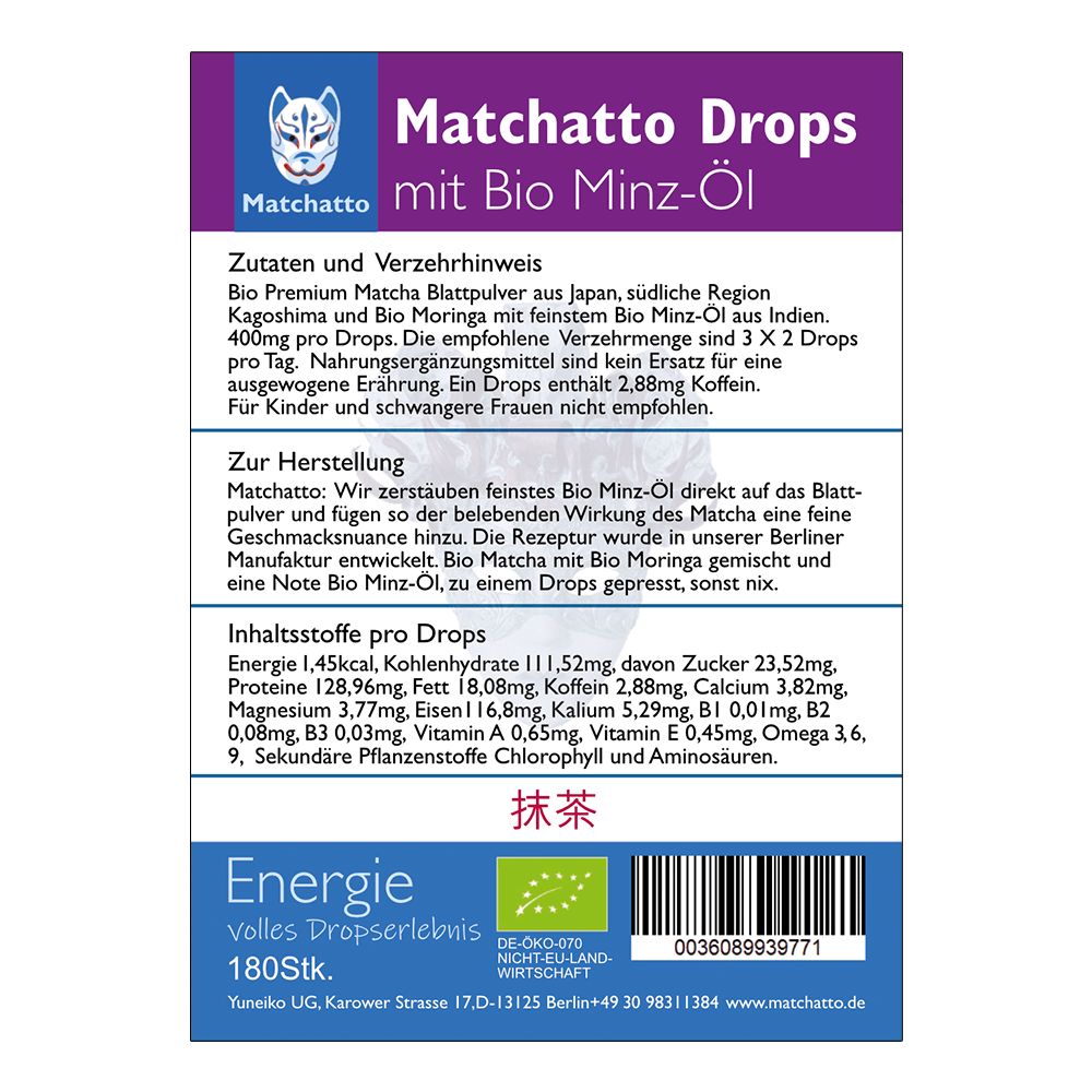 Rückseite der Verpackung mit Zutaten, Nährwertangaben und Zertifizierungen. Enthält Bio Minz-Öl, 180 Stk.