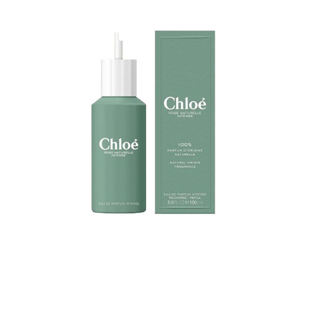 Grüner Flakon und rechteckige Verpackung. Aufschrift: Chloé, Rose Naturelle Intense. Eau de Parfum Intense. Nachfüllung.