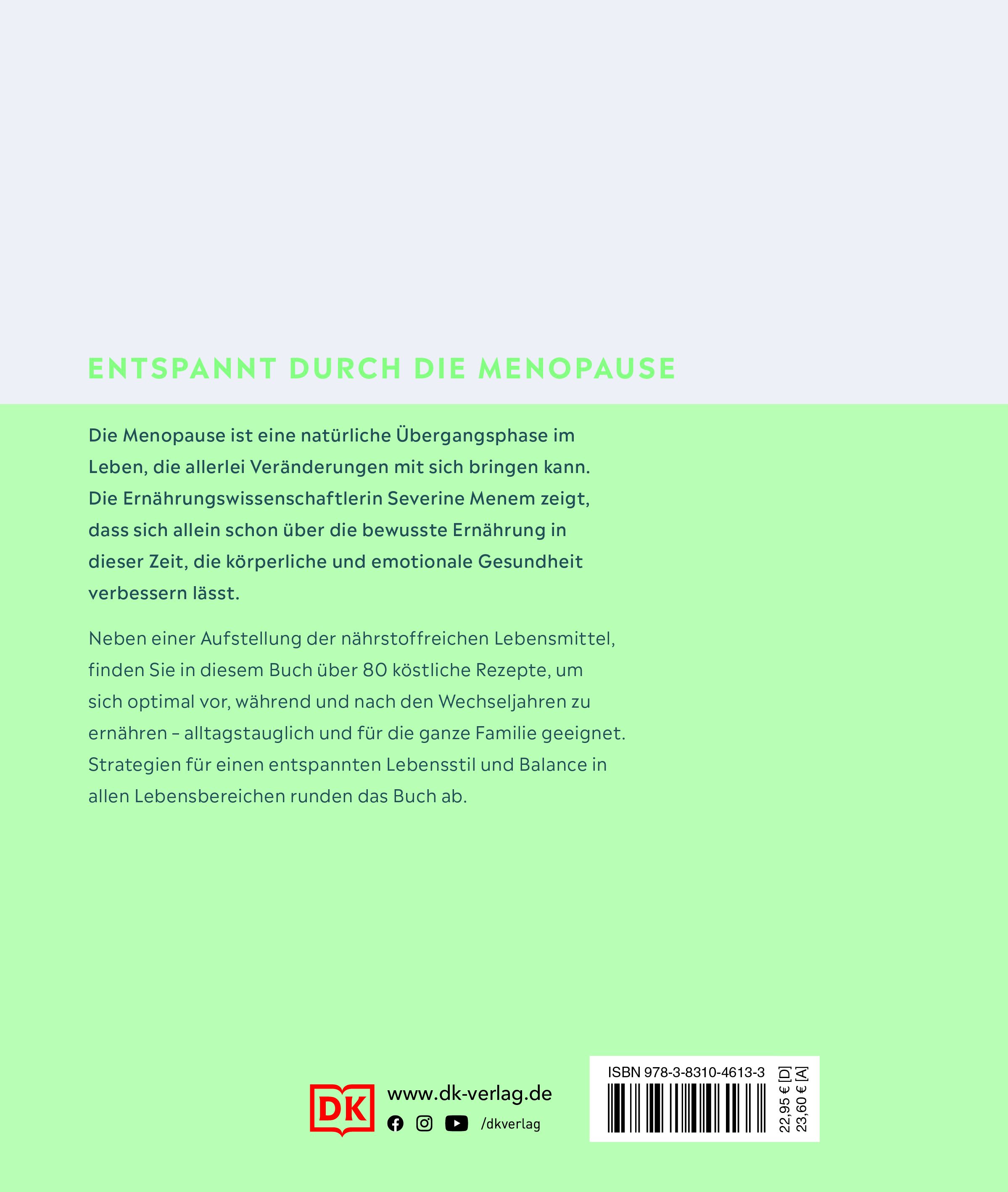 Rückseite des Buches "Richtig essen in der Lebensmitte". Text über Menopause und Ernährung. DK-Logo, ISBN, Preis.