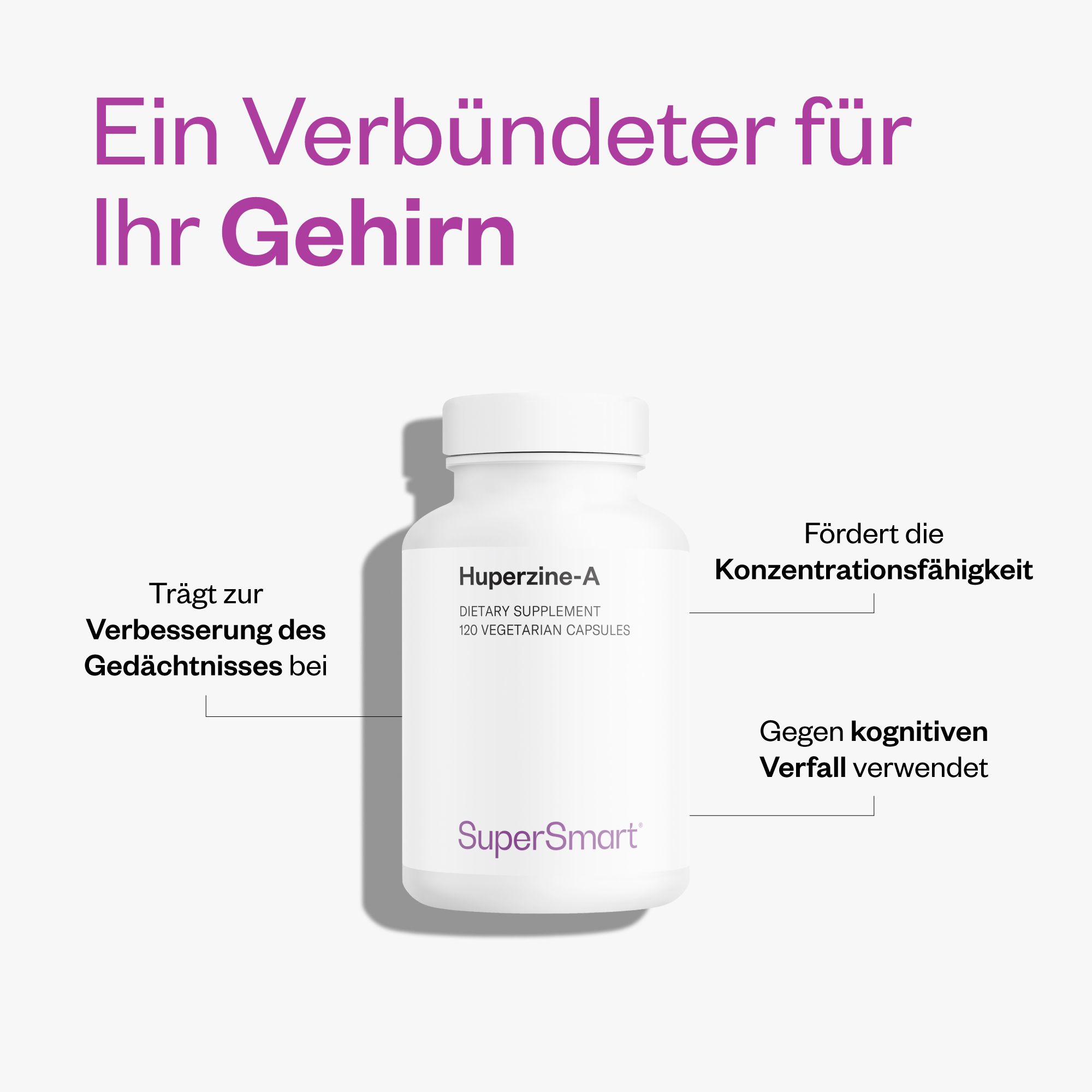 Weiße Flasche mit Huperzin-A, 120 vegetarische Kapseln. SuperSmart Logo. Text: Fördert die Konzentrationsfähigkeit.