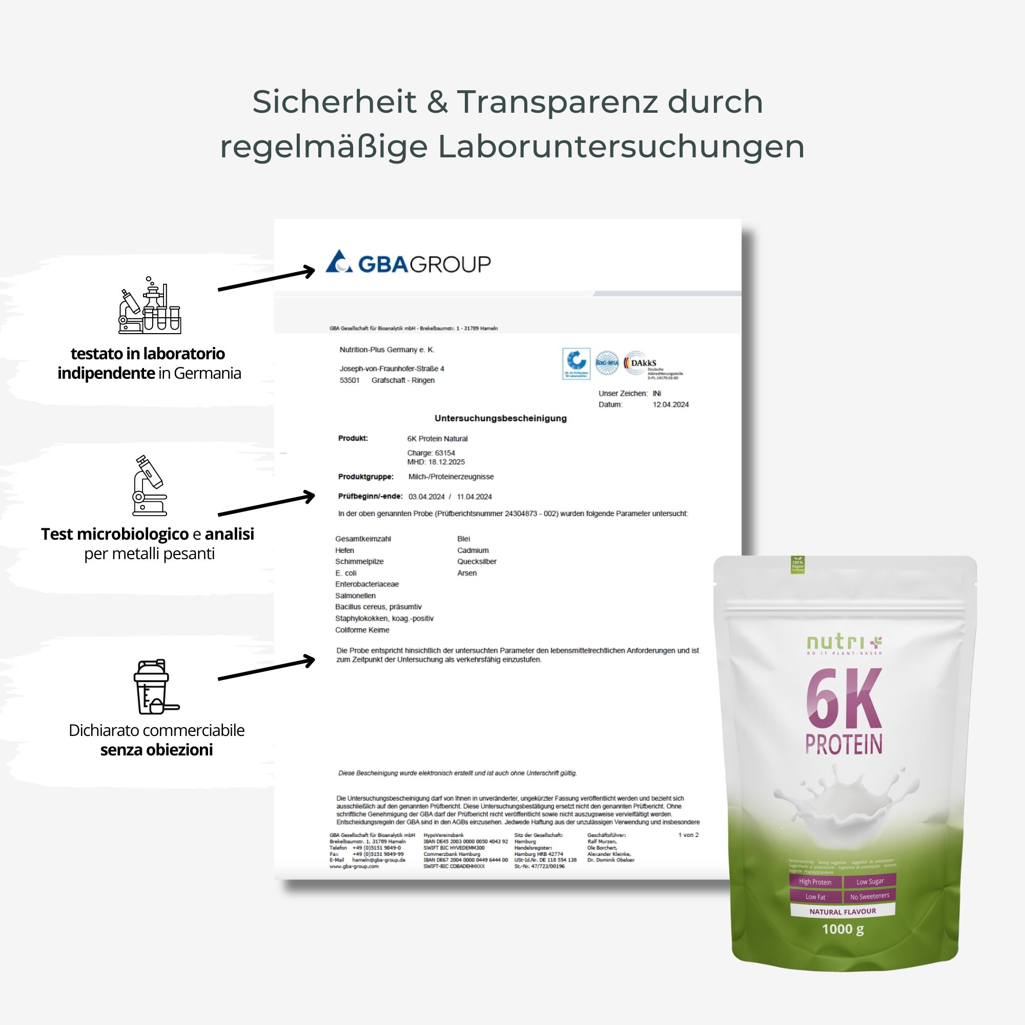 Zertifizierungsdokumente und Protein-Beutel. Laboruntersuchungen für Sicherheit und Transparenz.