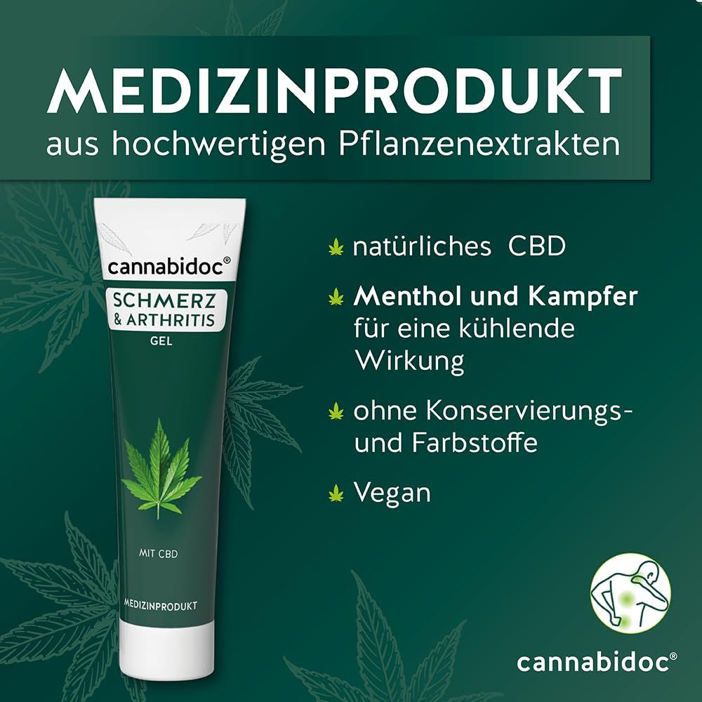 Gel-Tube mit Logo und Produktnamen. Text: Medizinprodukt aus hochwertigen Pflanzenextrakten. Inhaltsstoffe: CBD, Menthol, vegan.