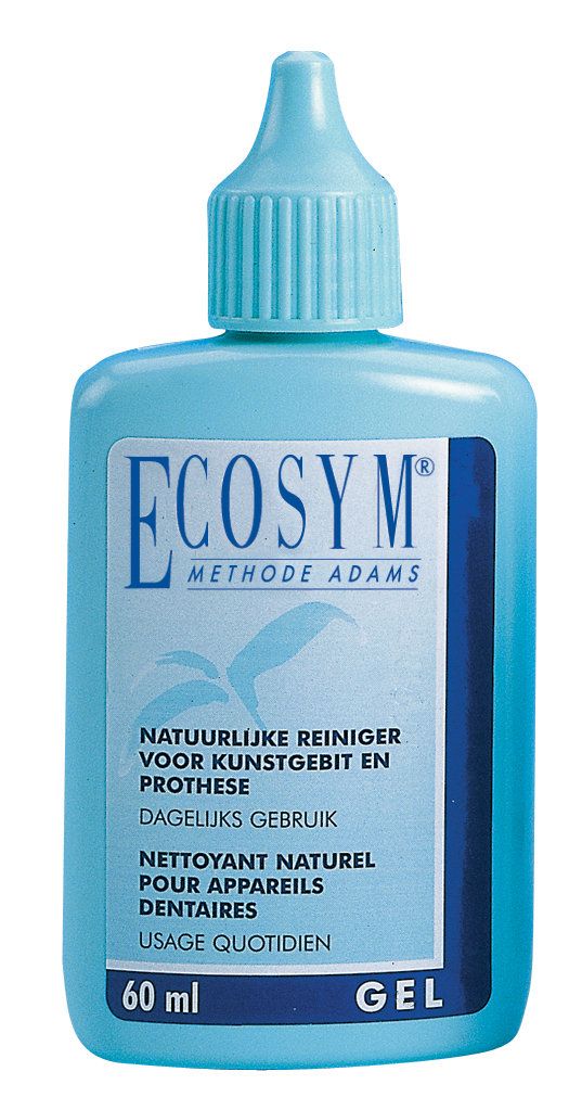 Hellblaue Flasche mit Dosierkappe. Aufkleber mit "ECOSYM" und Text in Niederländisch und Französisch. Enthält 60 ml Gel.