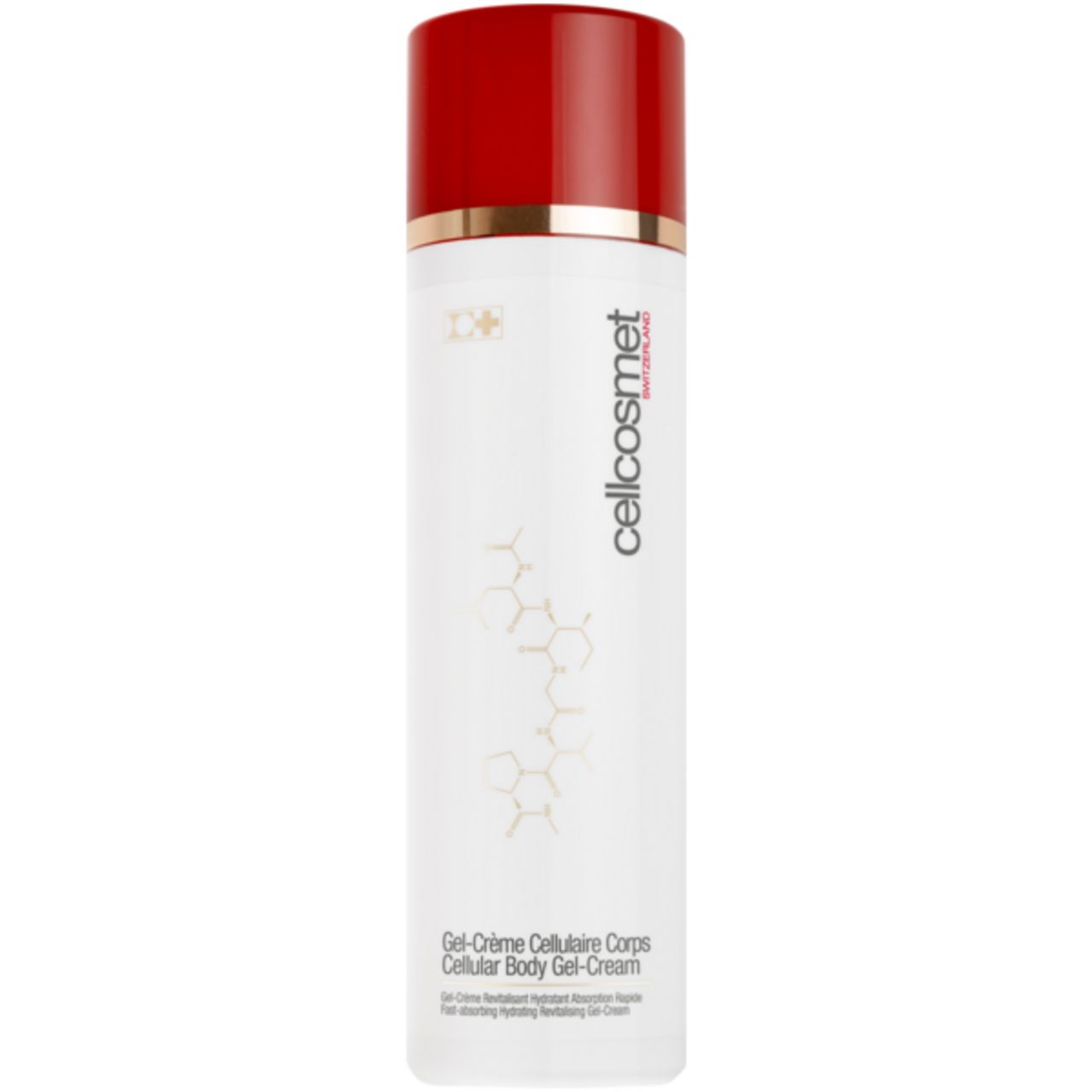 Weiß-rote Flasche mit goldfarbenem Ring. Aufschrift: Cellcosmet, Gel-Crème Cellulaire Corps, Cellular Body Gel-Cream.