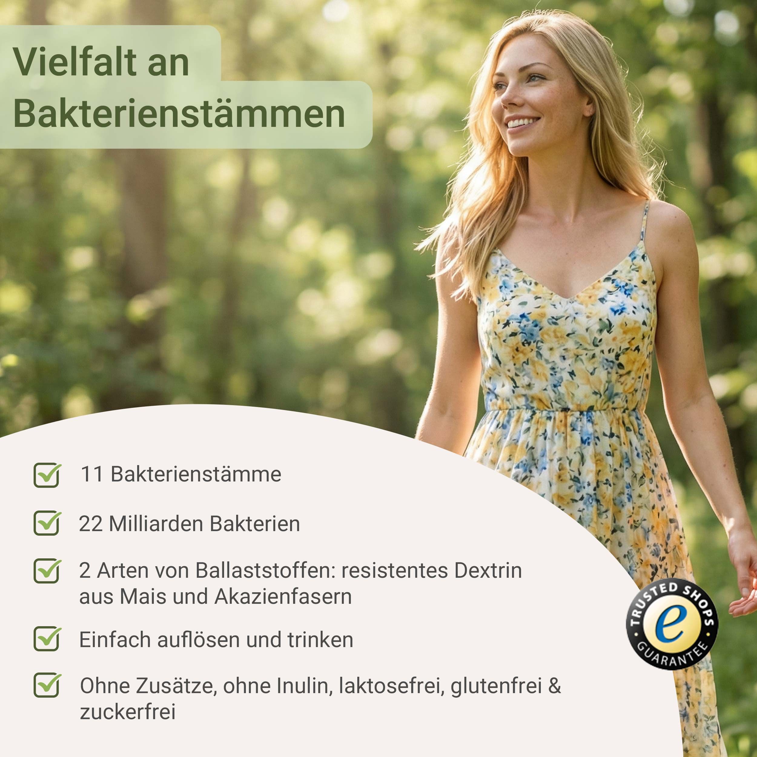 Frau im Freien, Text: 11 Bakterienstämme, 22 Milliarden Bakterien, 2 Arten von Ballaststoffen, einfach auflösen und trinken, ohne Zusätze.