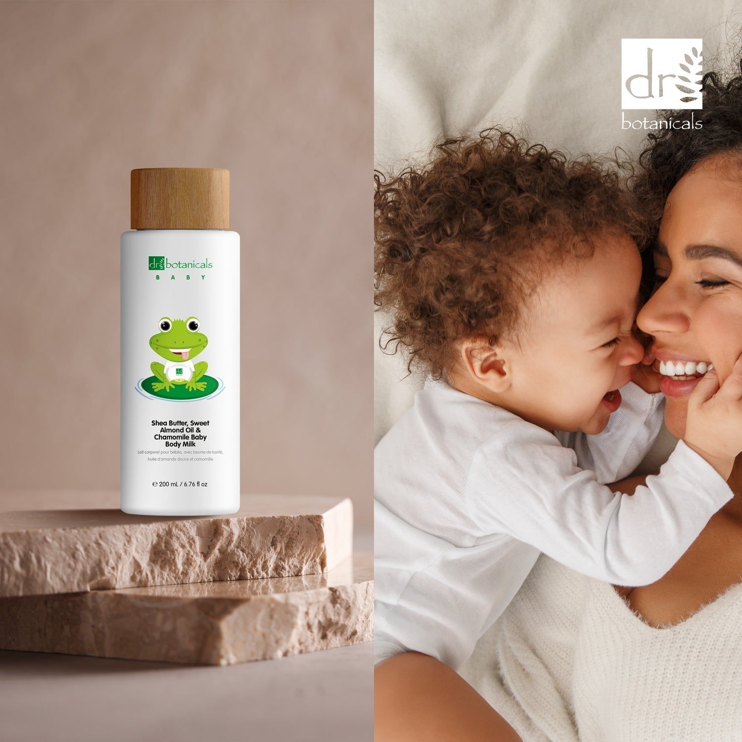 Produktflasche mit Holzdeckel neben Mutter und Kind. Marke: Dr Botanicals Baby. Hintergrund: Stein, beige.