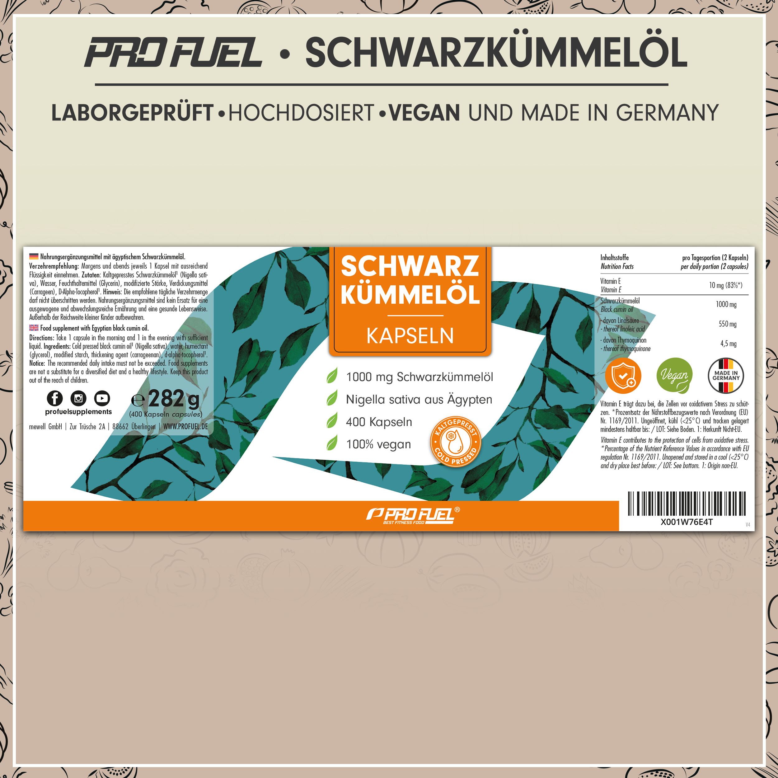 Produktverpackung. Aufschrift: Schwarzkümmelöl Kapseln, 1000mg, 400 Kapseln, 100% vegan. Informationen und Nährwertangaben.