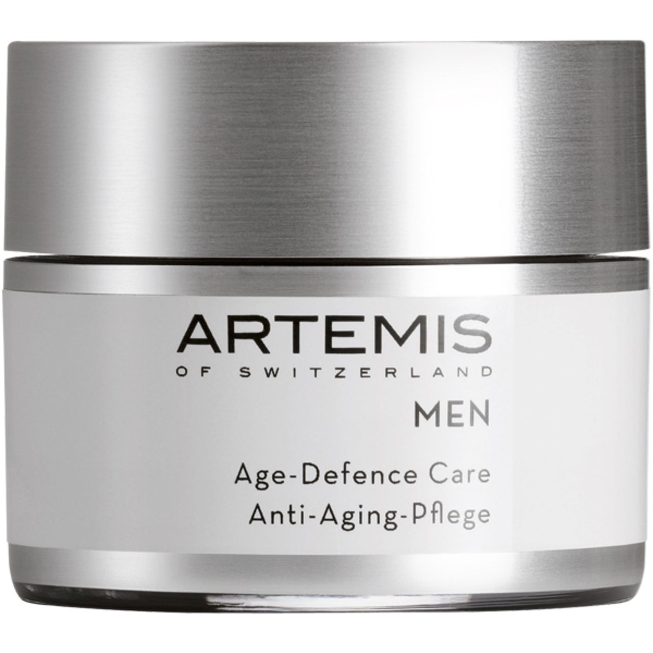 Creme-Tiegel mit silberfarbenem Deckel. Aufschrift: ARTEMIS OF SWITZERLAND MEN Age-Defence Care Anti-Aging-Pflege.