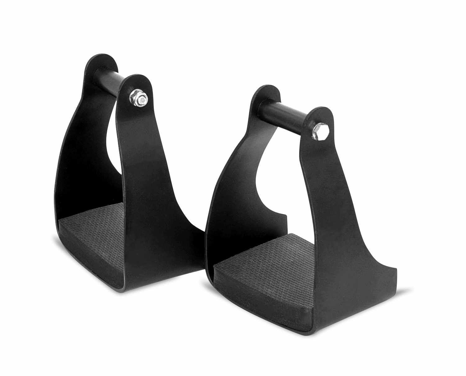 Zwei schwarze Steigbügel. Rechteckige Trittfläche mit geriffelter Oberfläche. Oberer Teil mit Metallstange und Schraube.