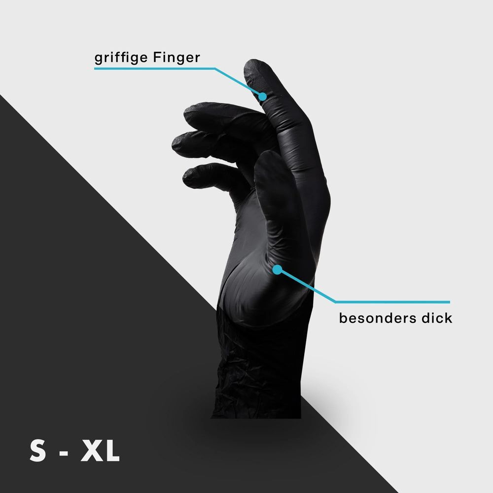 Schwarze Hand mit schwarzem Handschuh. Beschriftung: griffige Finger, besonders dick. Größen: S-XL.