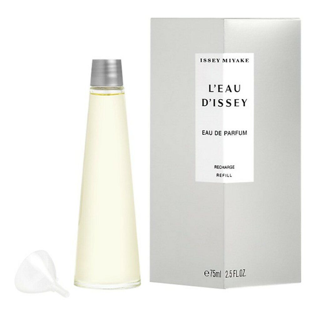 Konische Flasche, silberner Deckel, Trichter und Verpackung. Text: Issey Miyake, L'Eau d'Issey, Eau de Parfum, Refill.