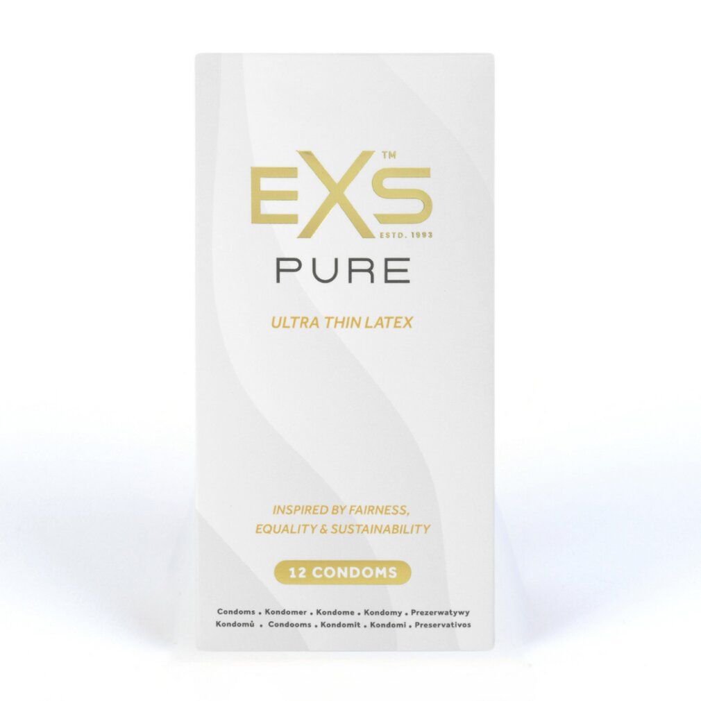 Verpackung für 12 EXS PURE Kondome, inspiriert von Fairness und Nachhaltigkeit.