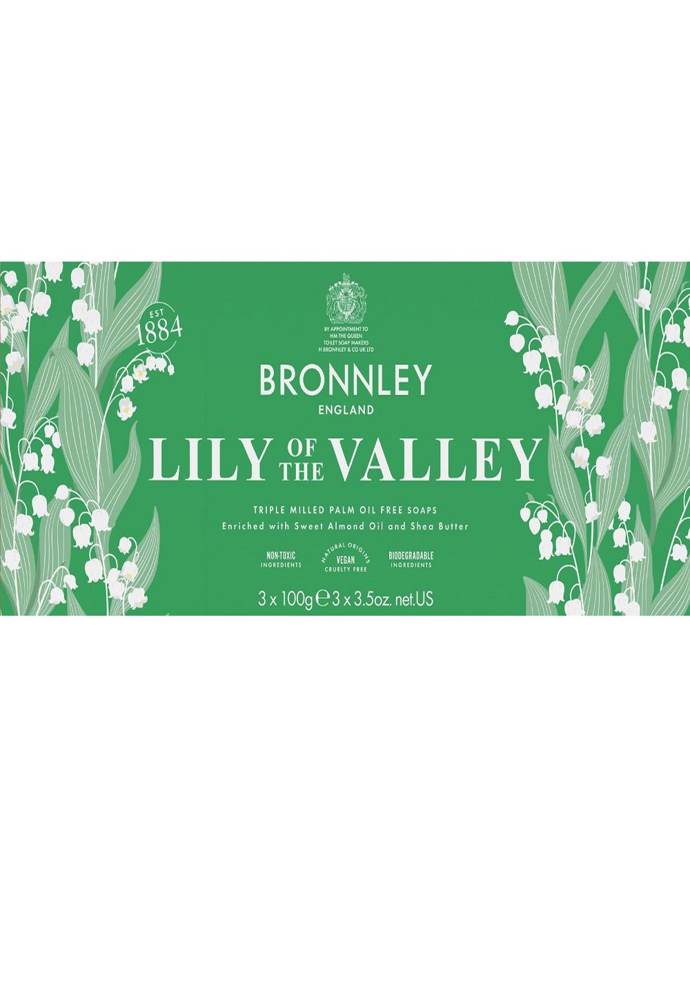 Grüne Geschenkbox mit Lilien-Motiv. Aufschrift: Bronnley England, Lily of the Valley. Enthält 3 Seifenstücke.