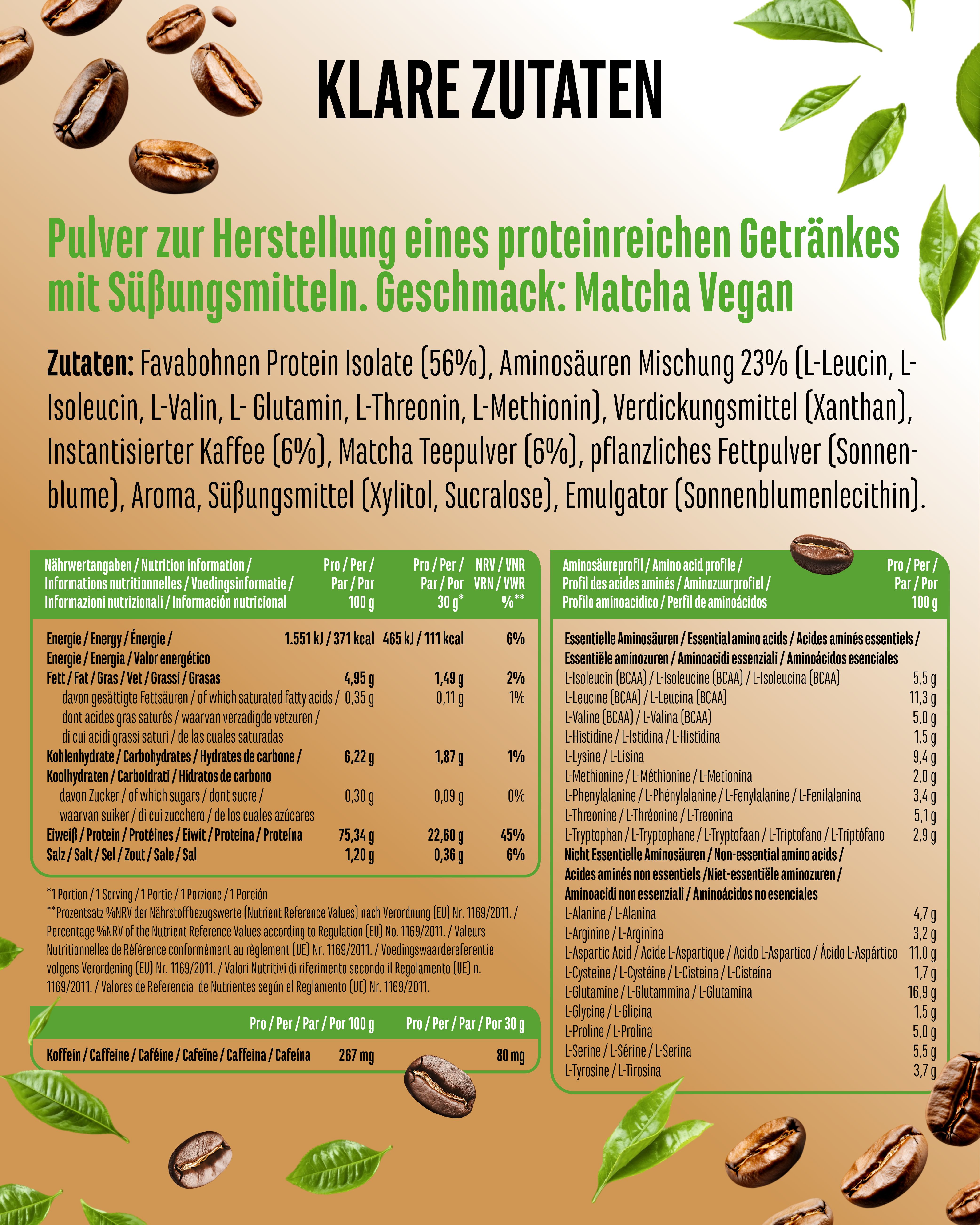 Nährwerttabelle für "vit4ever Barista Vegan Protein Matcha Brew". Enthält Informationen zu Inhaltsstoffen und Nährwerten. Kaffeebohnen und Blätter.
