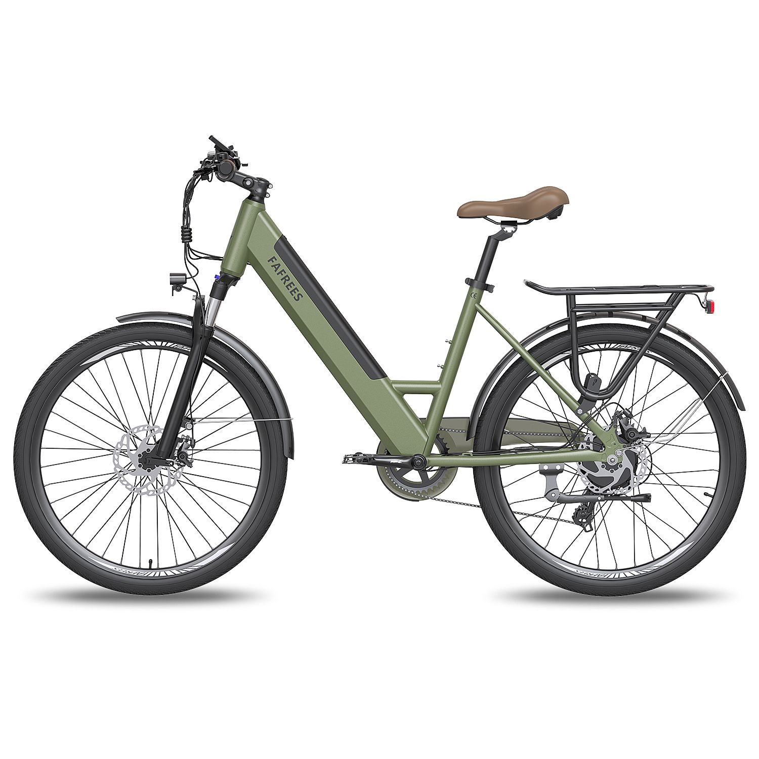 Grünes E-Bike mit Gepäckträger. Marke FAFREES. Schwarze Schutzbleche und Reifen. Brauner Sattel. Seitliche Ansicht.