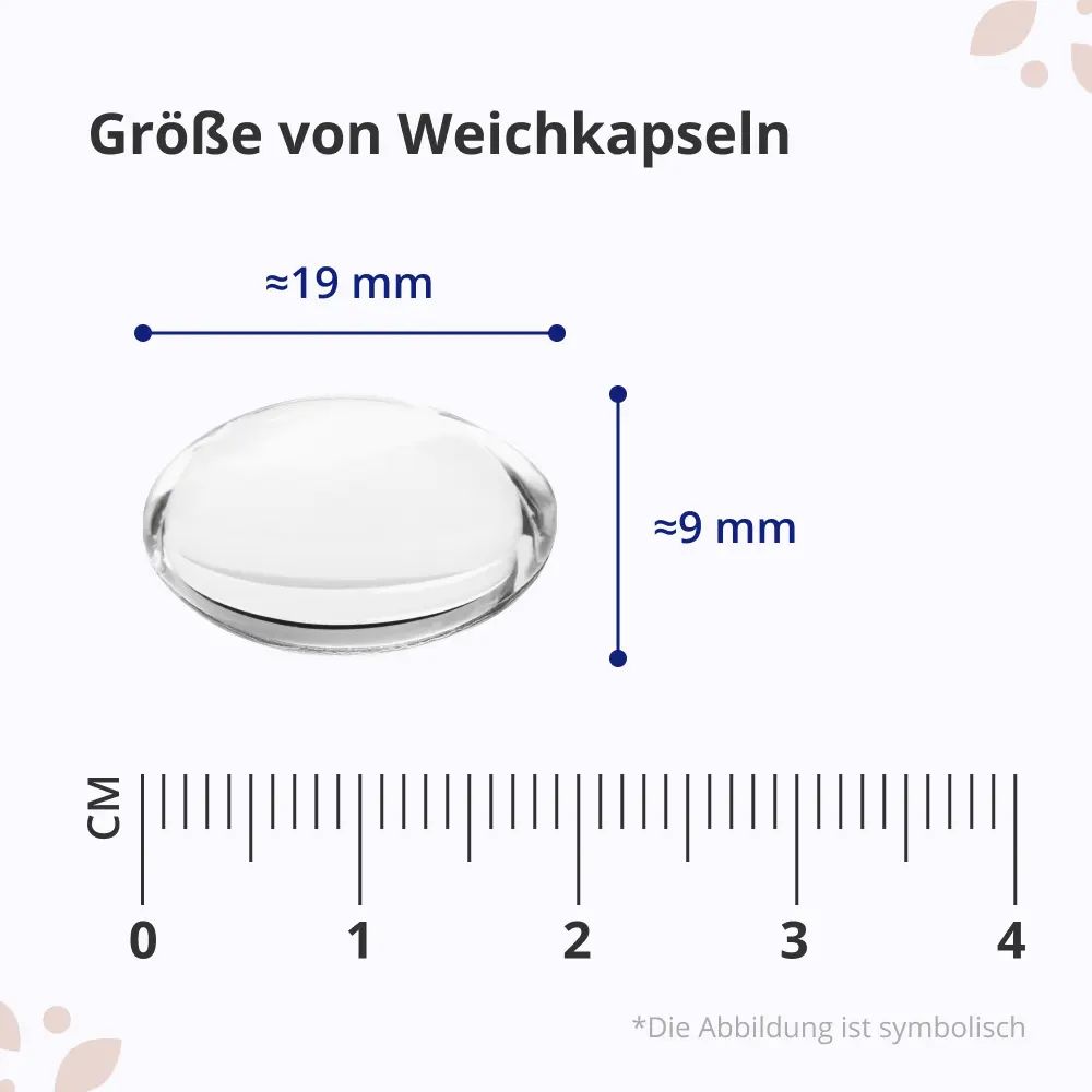 Weichkapsel, ca. 19 x 9 mm. Maßangaben in mm und cm. Abbildung ist symbolisch.