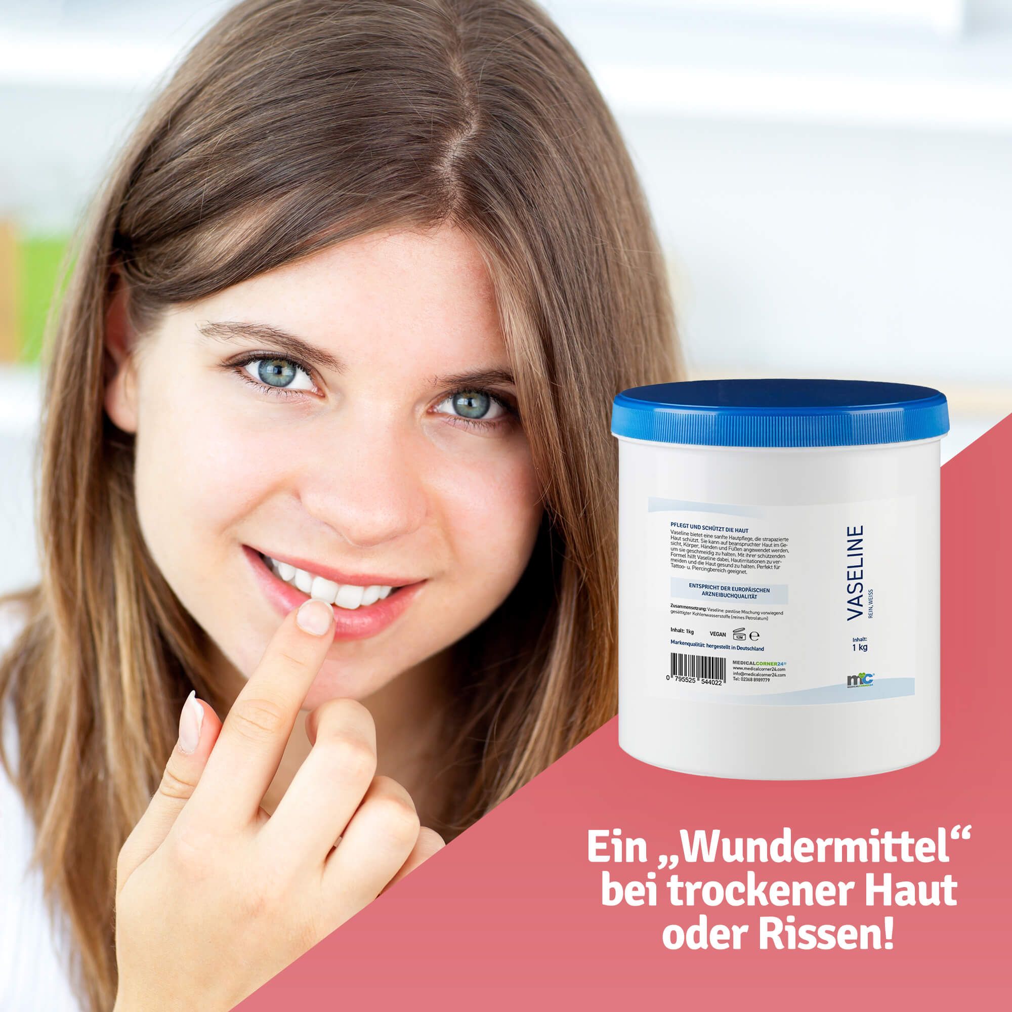 Frau mit Finger auf Lippe, neben weißem Eimer mit blauem Deckel. Aufschrift: Vaseline. Text: Ein „Wundermittel“ bei trockener Haut.